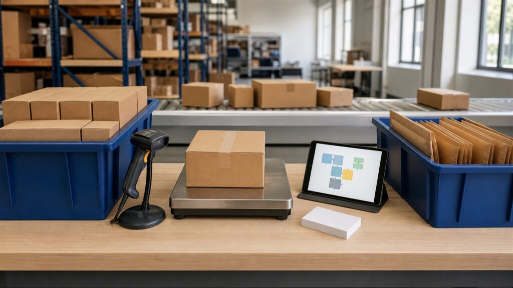 unbranded fulfillment workbench with sealed parcels, barcode scanner, shipping scale, packing materials, inventory bins, and blank order tablet for a inventory turnover buying decision
