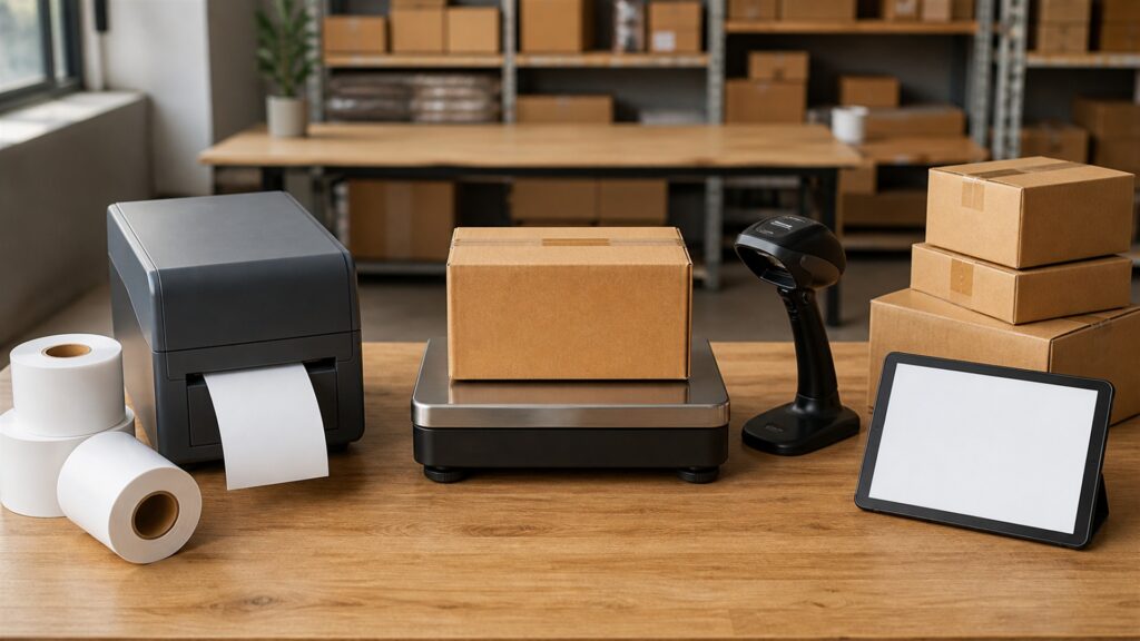 unbranded fulfillment workbench with sealed parcels, barcode scanner, shipping scale, packing materials, inventory bins, and blank order tablet for a multi-channel fulfillment buying decision