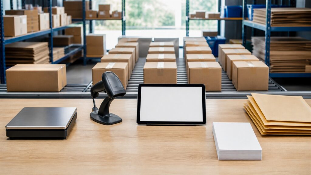unbranded fulfillment workbench with sealed parcels, barcode scanner, shipping scale, packing materials, inventory bins, and blank order tablet for a warehouse operations buying decision