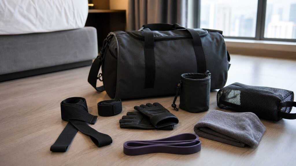 grip accessories for travel gyms arranged in a practical buyer guide scene