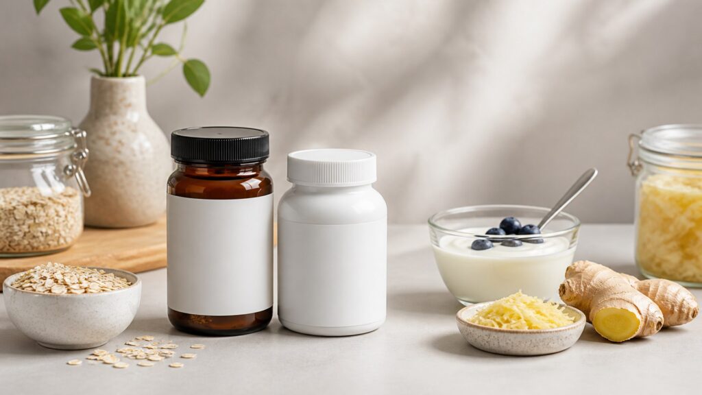 Unbranded gut health supplements products arranged for a careful buying comparison