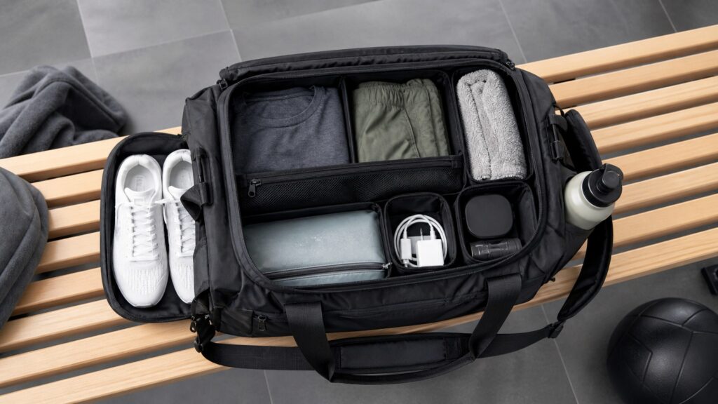 gym bags for organization arranged in a practical buyer guide scene