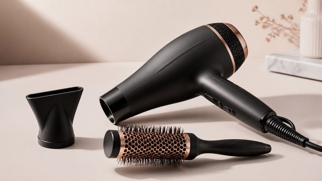 Unbranded editorial arrangement illustrating How to Choose Hair Dryers for Salon-Style Blowouts