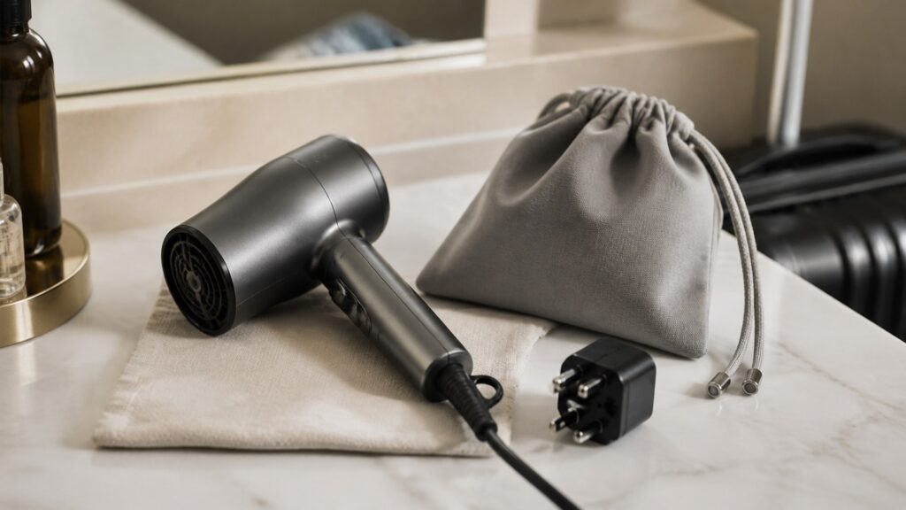 Unbranded editorial arrangement illustrating How to Choose Hair Dryers for Travel Styling