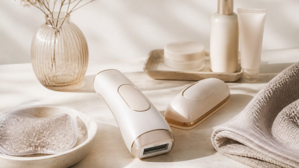 Unbranded editorial arrangement for hair-removal devices for sensitive-skin use