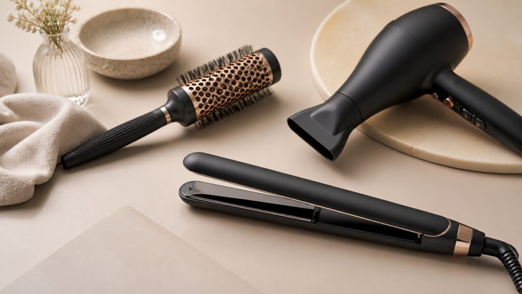 Unbranded editorial arrangement illustrating How to Choose Hair Straighteners for Salon-Style Blowouts