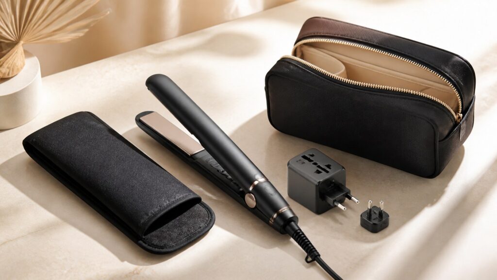 Unbranded editorial arrangement illustrating How to Choose Hair Straighteners for Travel Styling