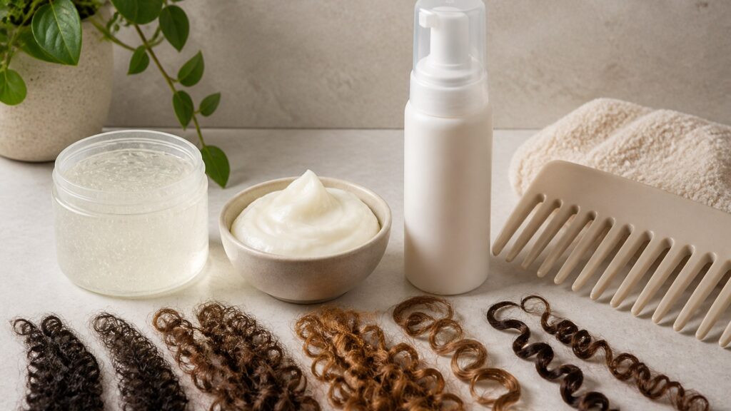 Unbranded editorial arrangement illustrating How to Choose Hair Styling Products for Curly Hair