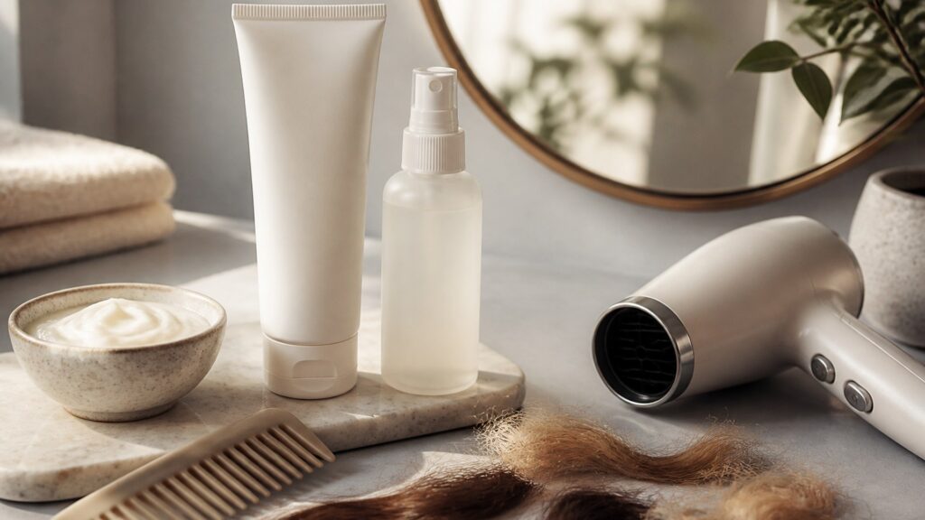 Unbranded editorial arrangement illustrating How to Choose Hair Styling Products for Damage Repair