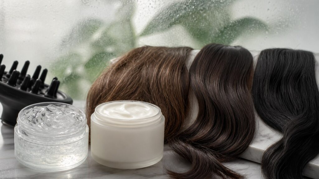Unbranded editorial arrangement illustrating How to Choose Hair Styling Products for Frizz Control