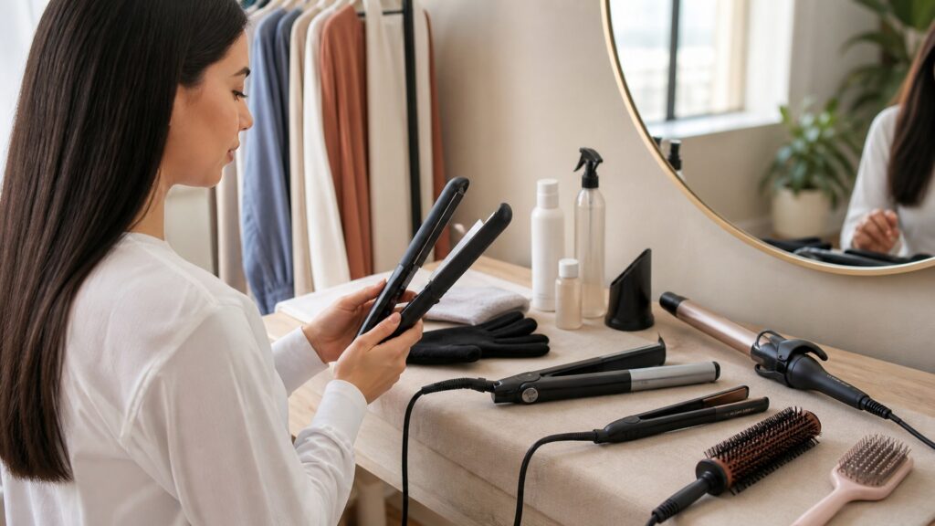 Unbranded editorial arrangement illustrating straightening hair