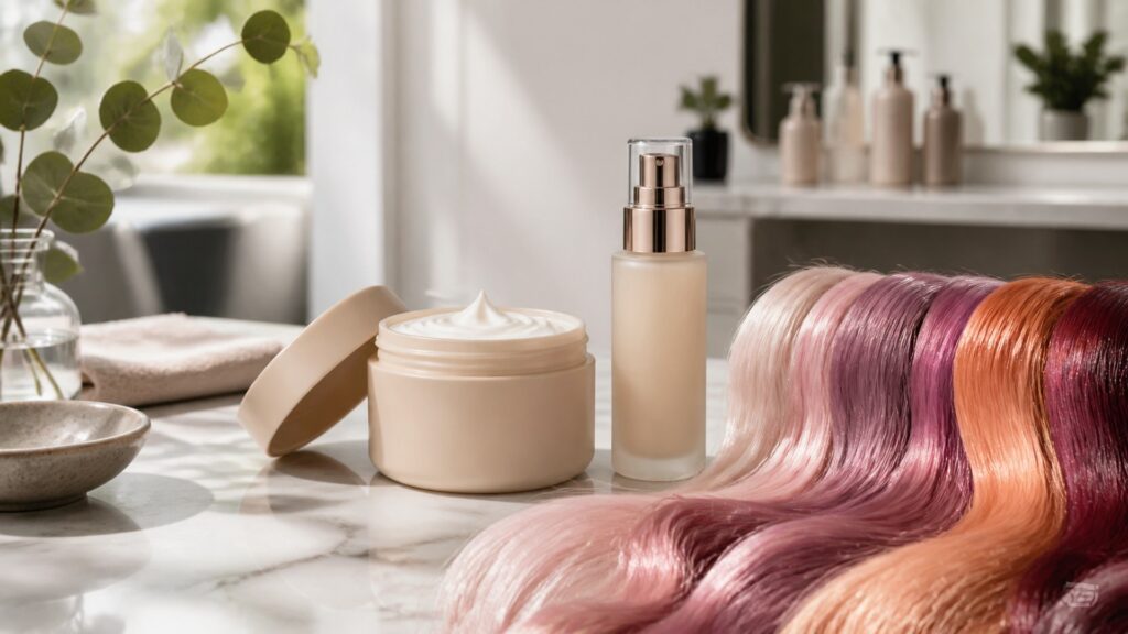 Unbranded editorial arrangement illustrating How to Choose Hair Treatments for Color-Treated Hair