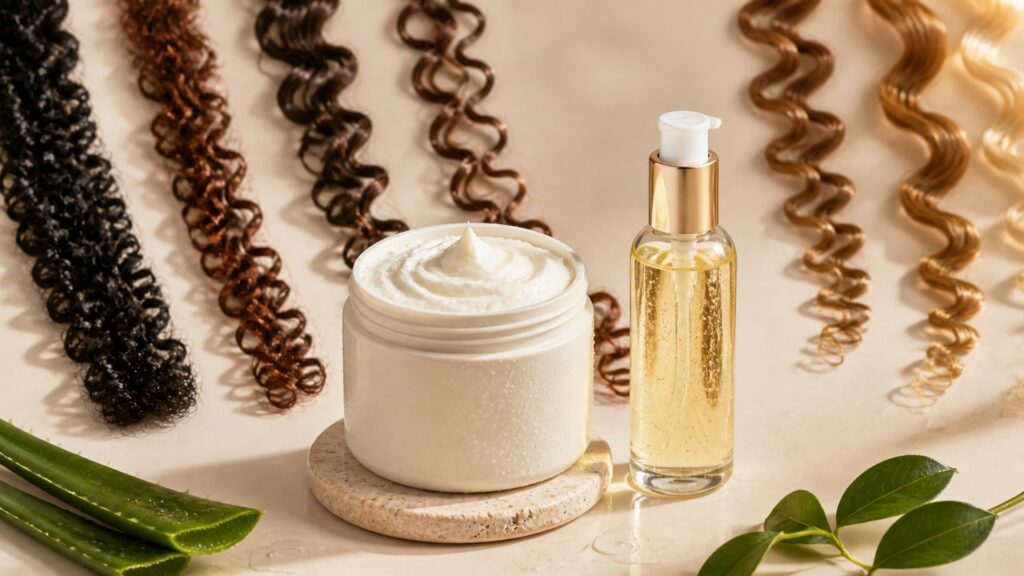 Unbranded editorial arrangement illustrating How to Choose Hair Treatments for Curly Hair