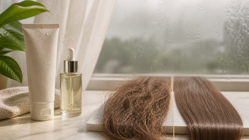 Unbranded editorial arrangement illustrating How to Choose Hair Treatments for Frizz Control