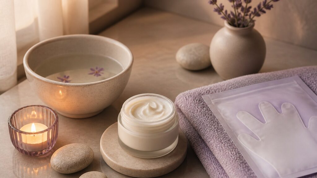 Unbranded editorial arrangement for hand-care formulas for at-home spa sessions