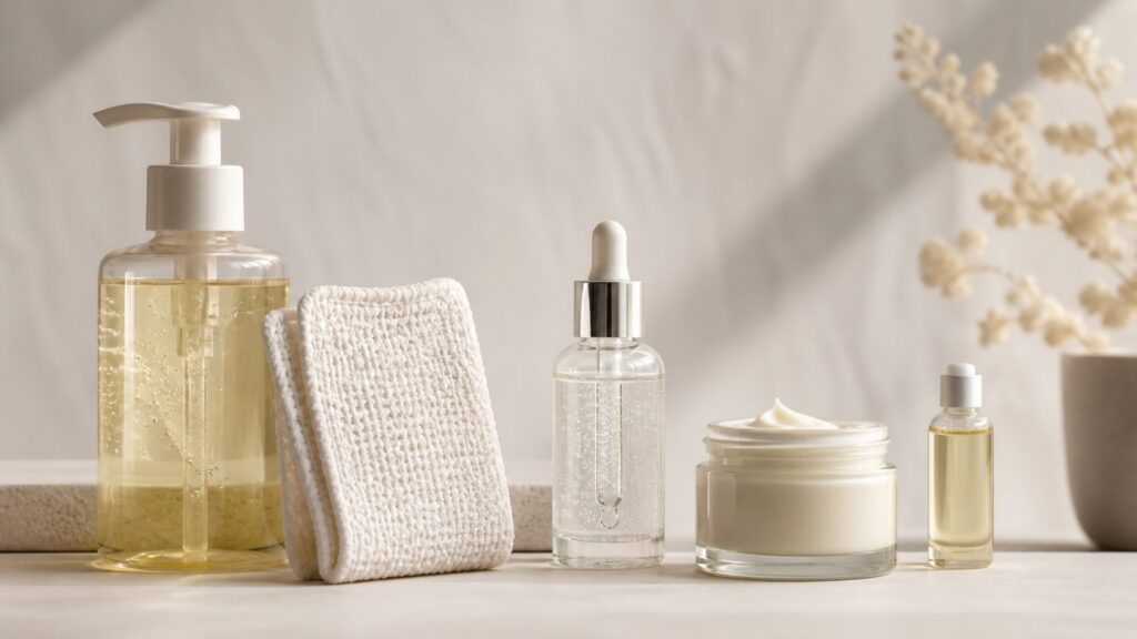 Unbranded editorial scene illustrating hand care for a coordinated body-care routine
