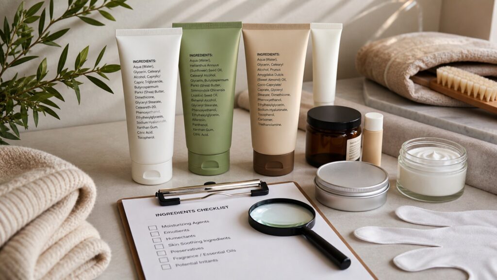 Unbranded hand creams arranged for a ingredient label reviews buying guide