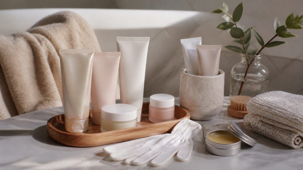 Unbranded hand creams arranged for a seasonal body care buying guide