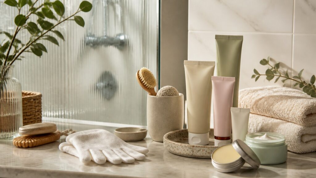 Unbranded hand creams arranged for a shower and after-bath routines buying guide
