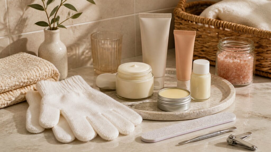 Unbranded hand masks arranged for a seasonal body care buying guide