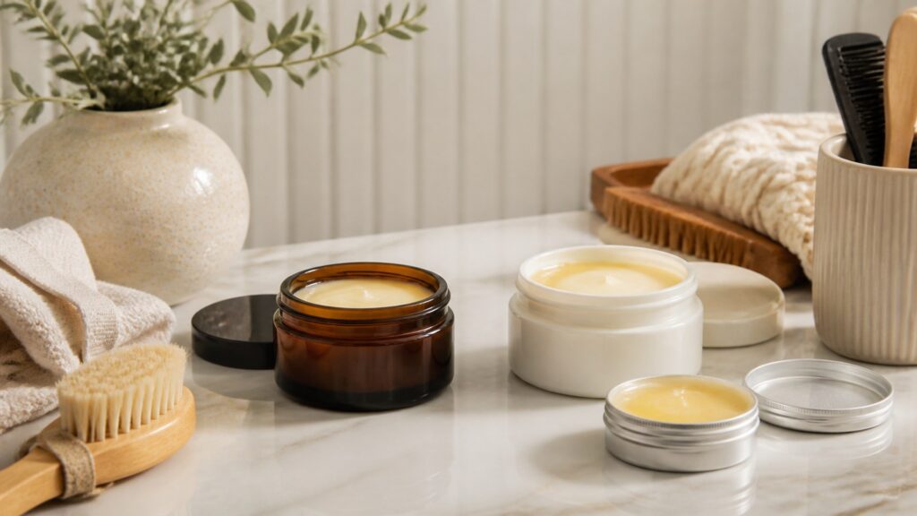 Unbranded hand repair balms arranged for a ingredient label reviews buying guide