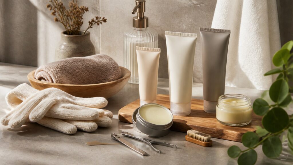 Unbranded hand repair balms arranged for a seasonal body care buying guide