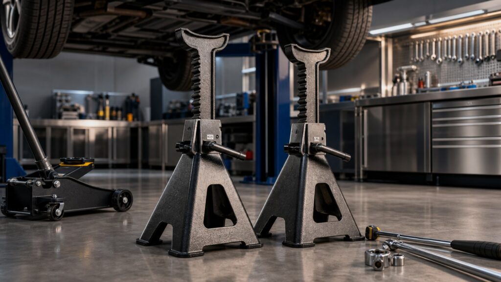 heavy duty jack stands shopping setup for professional shop use with practical vehicle-focused details