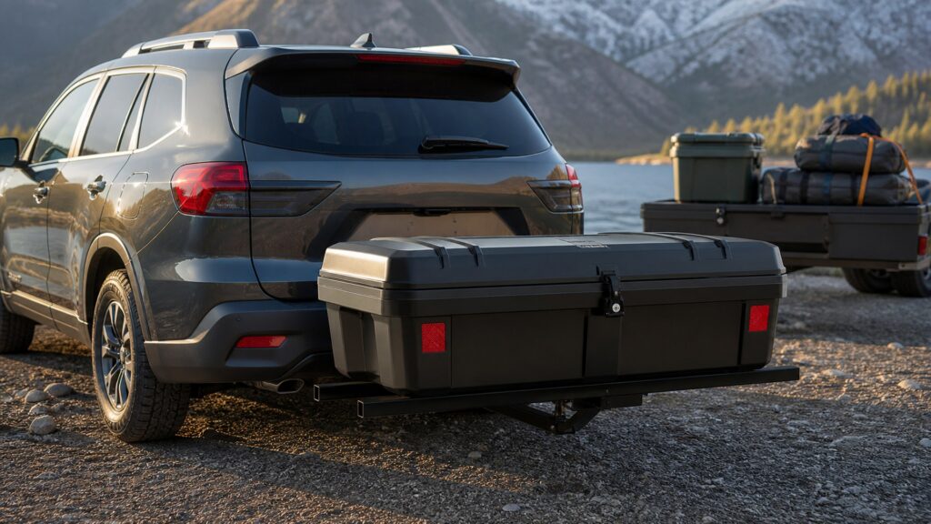 hitch mounted storage boxes shopping setup for cargo carriers load planning with practical vehicle-focused details