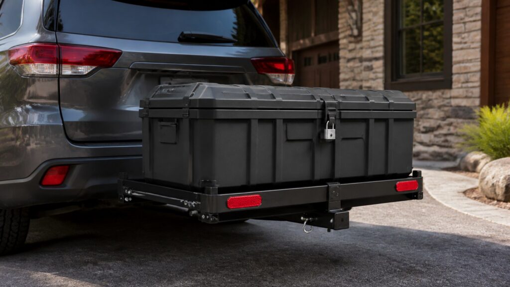 hitch mounted storage boxes shopping setup for cargo security and storage with practical vehicle-focused details
