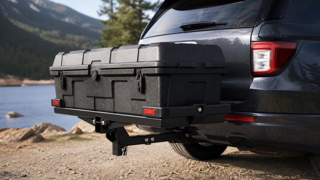 hitch mounted storage boxes shopping setup for hitch class and payload limits with practical vehicle-focused details