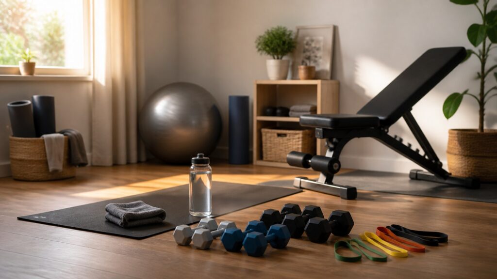 home gym equipment for beginners arranged in a practical buyer guide scene