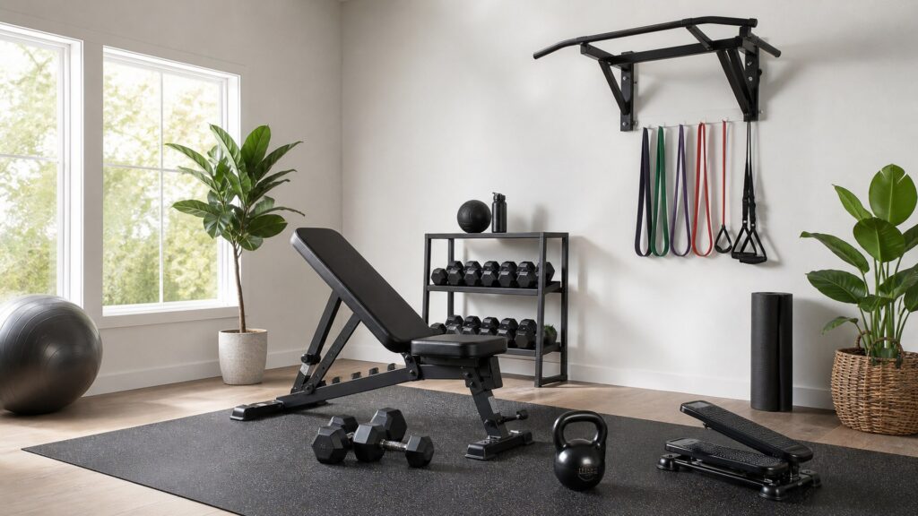 home gym equipment for full-body workouts arranged in a practical buyer guide scene