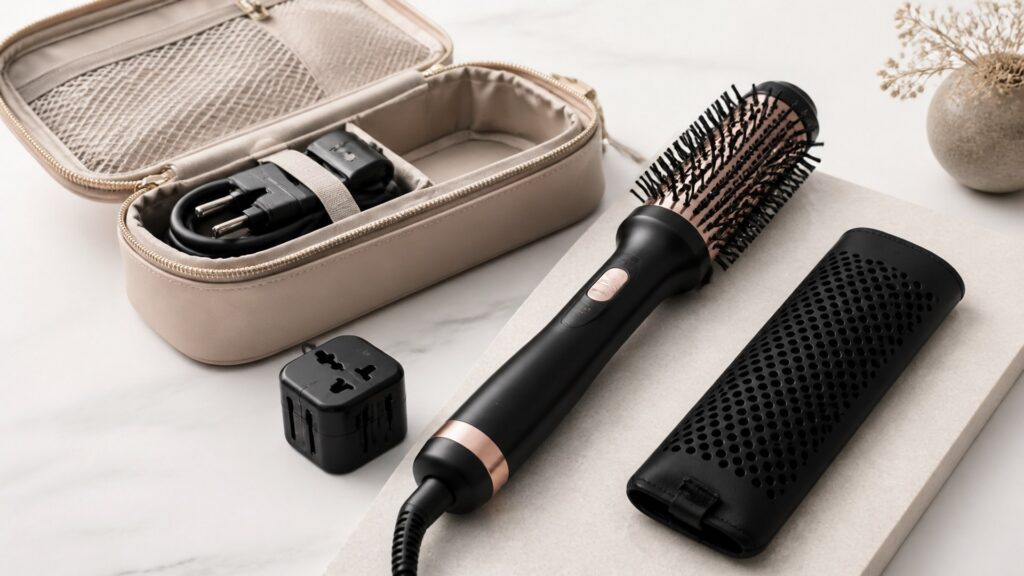 Unbranded editorial arrangement illustrating How to Choose Hot Brushes for Travel Styling