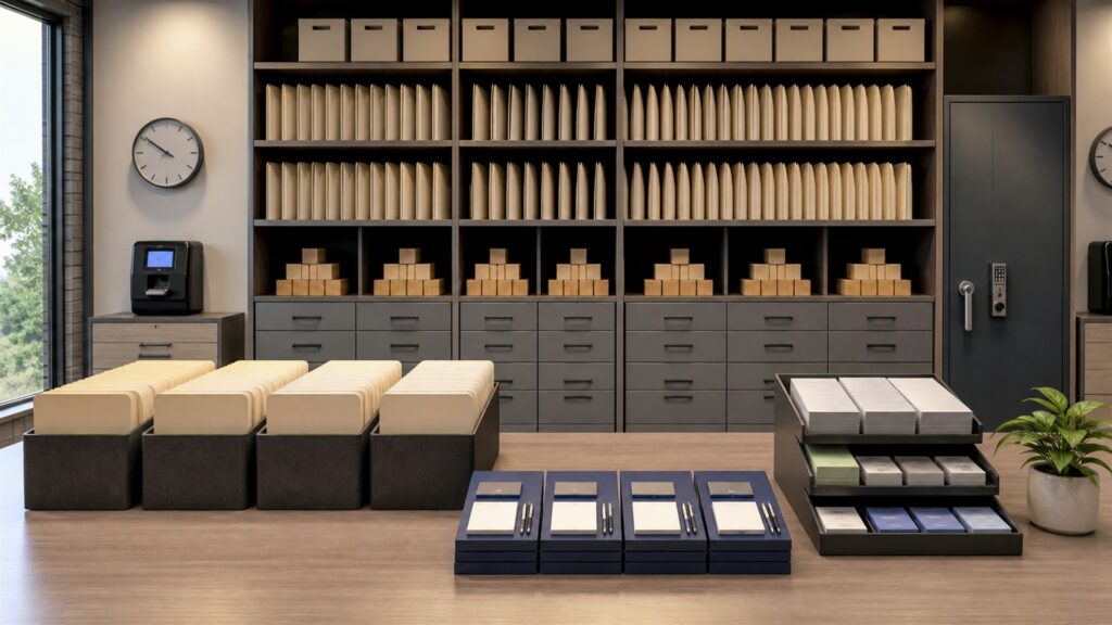 unbranded HR operations workspace with blank employee lifecycle board, locked document tray, time clock, benefits folders, onboarding checklist cards, and secure laptop for a growing companies buying decision