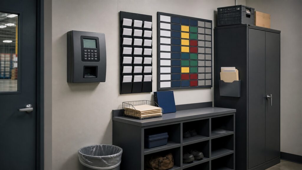 unbranded HR operations workspace with blank employee lifecycle board, locked document tray, time clock, benefits folders, onboarding checklist cards, and secure laptop for a hourly employees buying decision