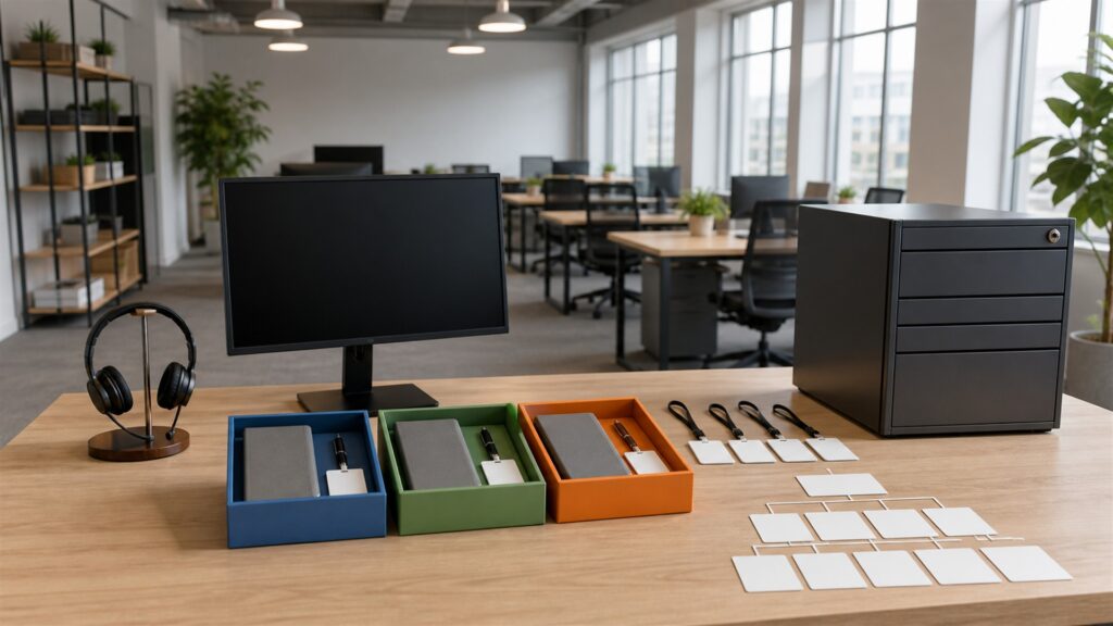 unbranded HR operations desk with organized employee folders, blank laptop screen, secure document tray, headset, and onboarding materials for a growing teams buying decision