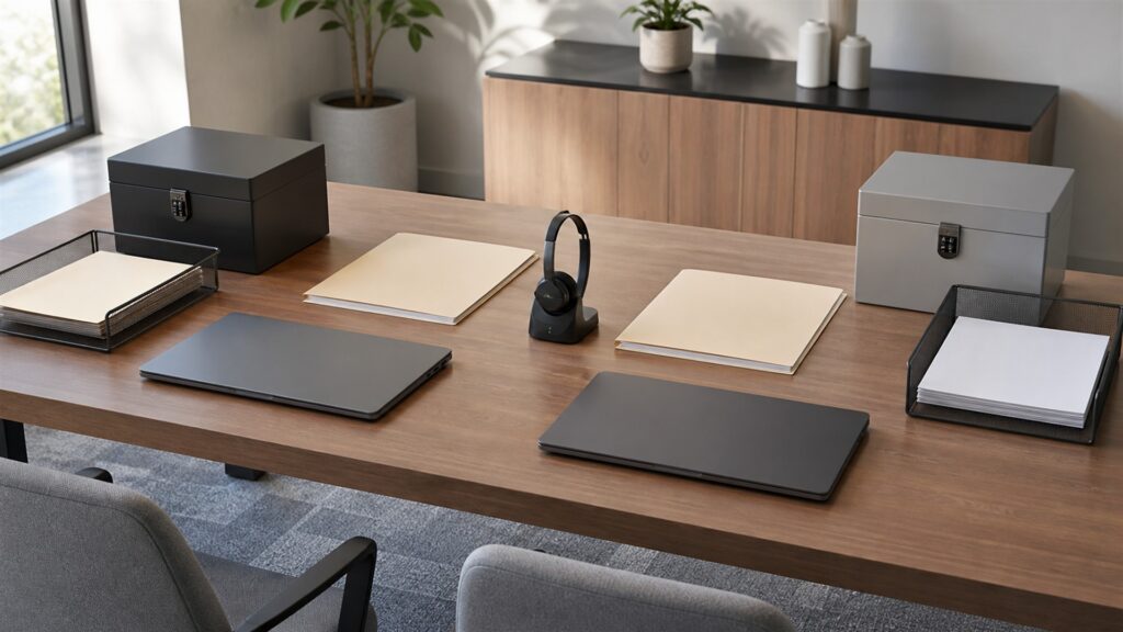 unbranded HR operations desk with organized employee folders, blank laptop screen, secure document tray, headset, and onboarding materials for a outsourced operations buying decision