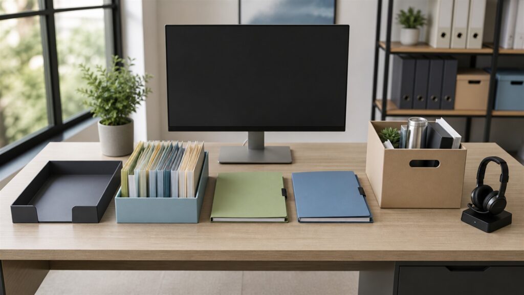 unbranded HR operations desk with organized employee folders, blank laptop screen, secure document tray, headset, and onboarding materials for a recurring workflows buying decision