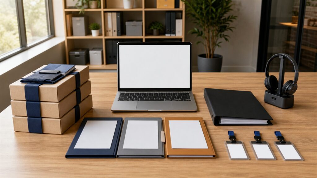 unbranded HR operations desk with organized employee folders, blank laptop screen, secure document tray, headset, and onboarding materials for a startup support buying decision