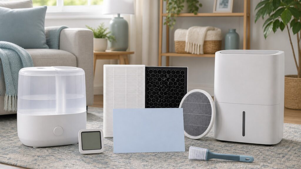 Unbranded humidity & allergen control products arranged for a careful buying comparison