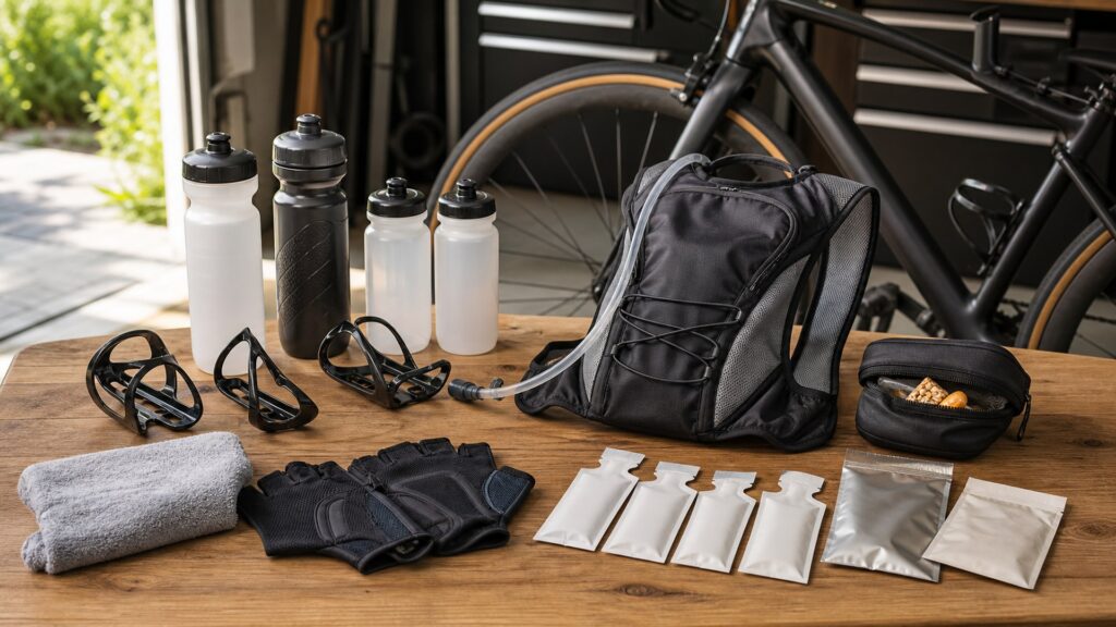 hydration and fueling gear for cyclists arranged in a practical buyer guide scene