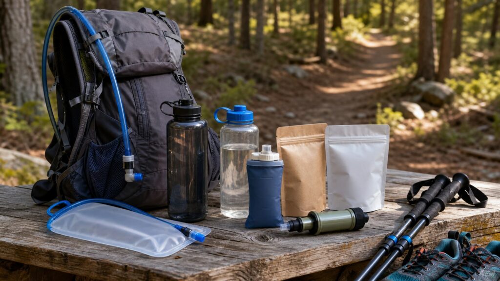 hydration and fueling gear for hiking arranged in a practical buyer guide scene