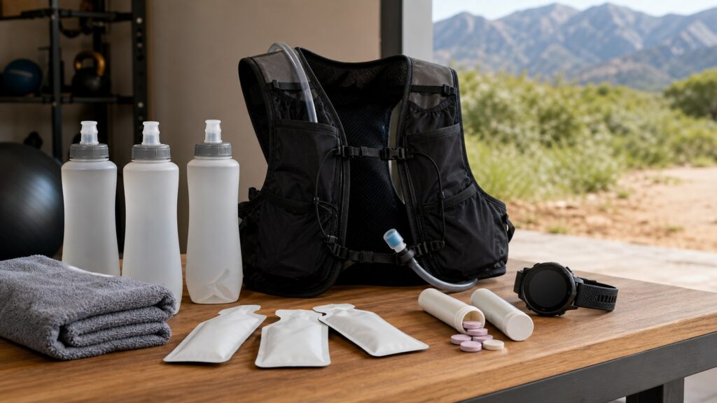 hydration and fueling gear for long workouts arranged in a practical buyer guide scene