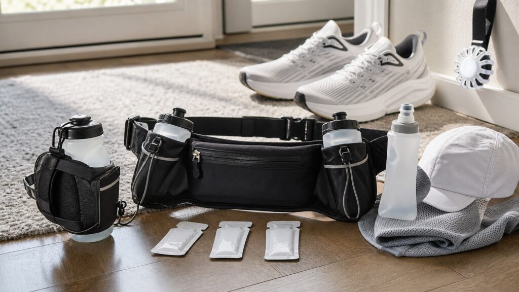hydration and fueling gear for runners arranged in a practical buyer guide scene