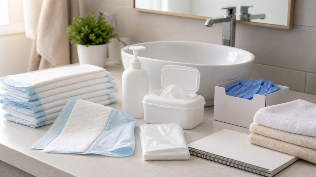 generic incontinence and hygiene care products with folded pads, wipes, gloves, waterproof mat, storage basket, and notebook