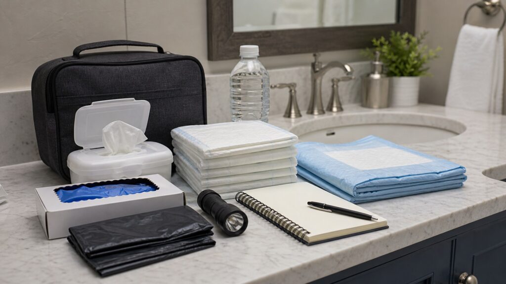 generic incontinence and hygiene care products with folded pads, wipes, gloves, waterproof mat, storage basket, and notebook