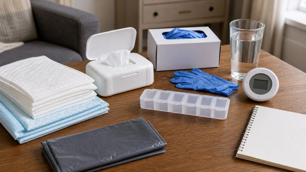 generic incontinence and hygiene care products with folded pads, wipes, gloves, waterproof mat, storage basket, and notebook