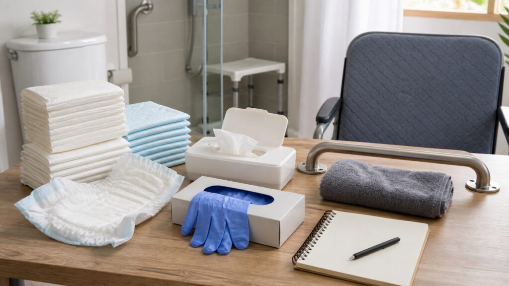 generic incontinence and hygiene care products with folded pads, wipes, gloves, waterproof mat, storage basket, and notebook
