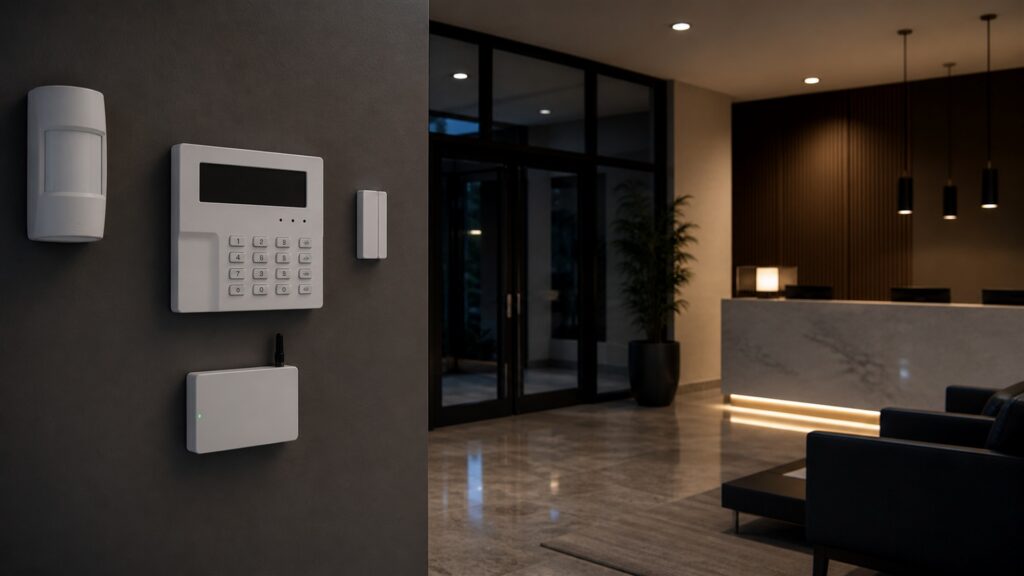 unbranded commercial alarm panel, door sensors, motion detectors, keypad with blank display, and neat wiring in a secure office for a after-hours monitoring buying decision