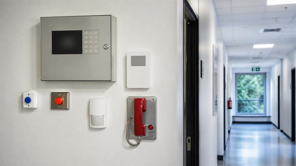 unbranded commercial alarm panel, door sensors, motion detectors, keypad with blank display, and neat wiring in a secure office for a employee safety buying decision